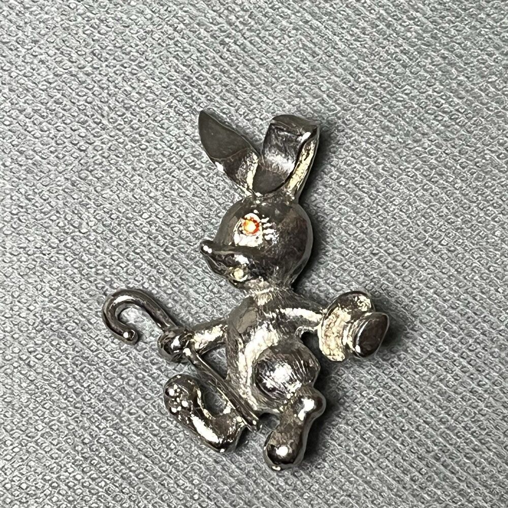 Vntg Peter Rabbit Brooch Rabbit Hat & Cane Silver Brooch Pin 2" Signed Liz-Ann
